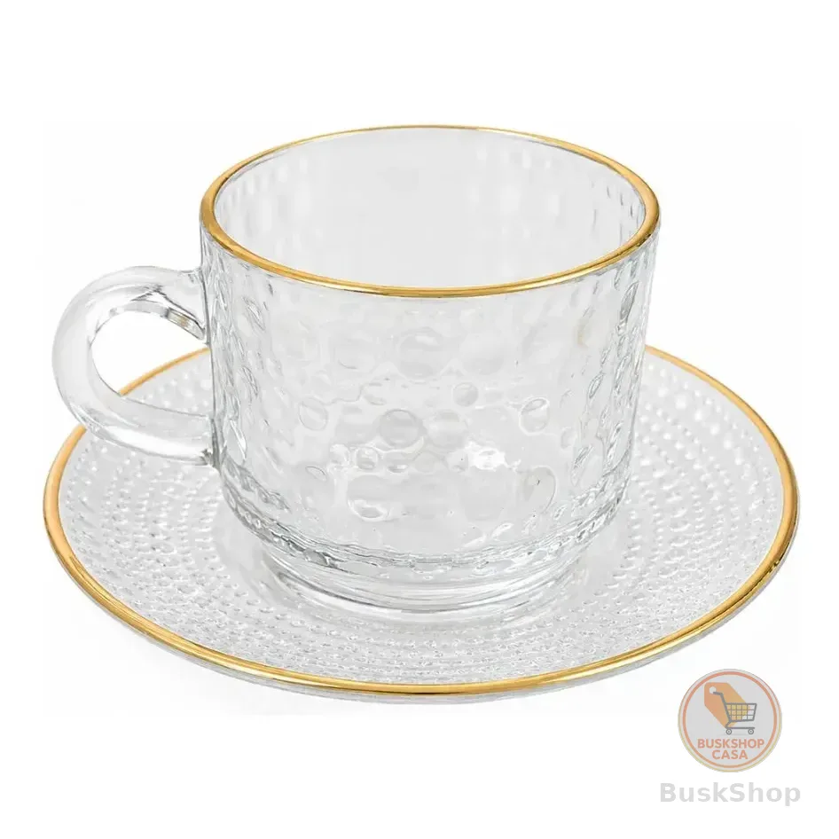 Jogo 06 Xícaras Vidro Borda Dourada Com Pires 12pçs - 210ml Transparente