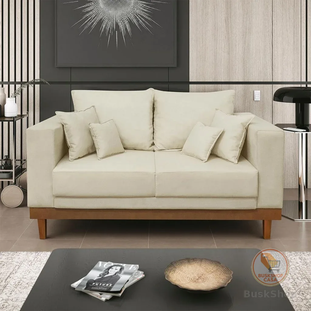 Sofá 2 Lugar Base Reforçada Madeira Tecido Suede + Almofada
