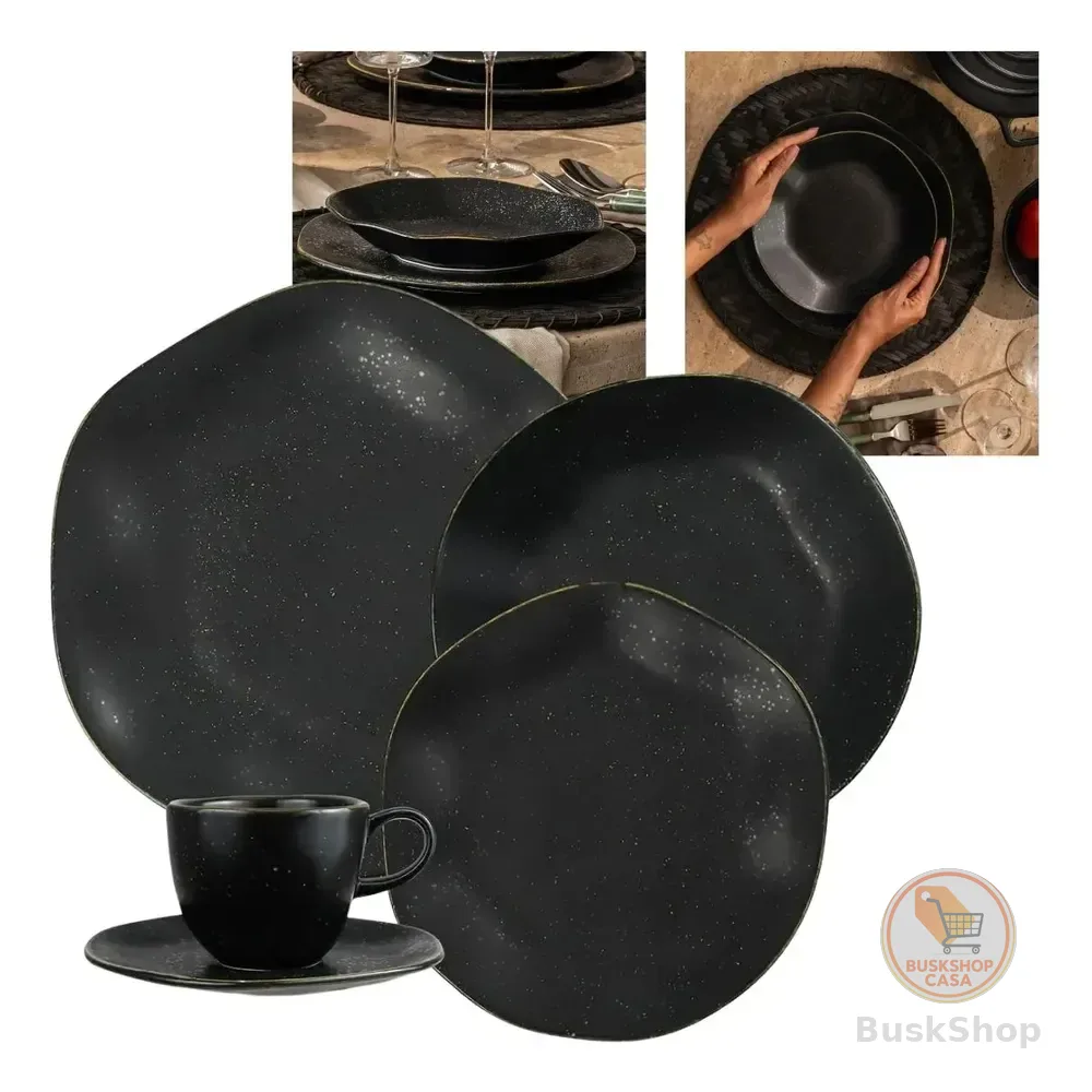 Aparelho Jantar Completo 20 Peças Volcano Porcelana Oxford Preto