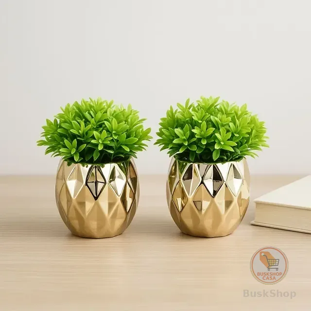 Kit Decoração Enfeite 2 Vasinhos Dourado + Planta Artif.
