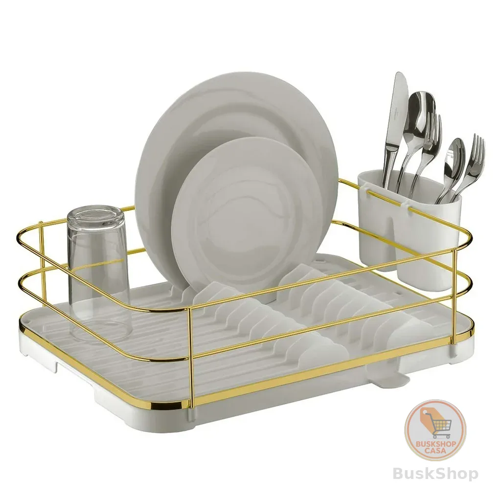 Escorredor de Prato Bandeja Coletora Branco Dourado