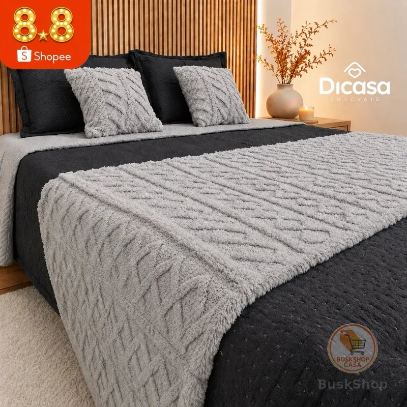 Kit Peseira Para Cama 3 Peças 2 Capas de Almofadas Decorativa Flannel Fofinho Macio Casal Queen King