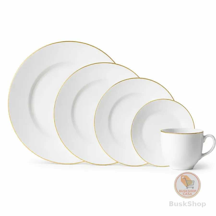 Aparelho de Jantar Prato Caneca Borda Dourada Luxo Premium 20pcs Catarina