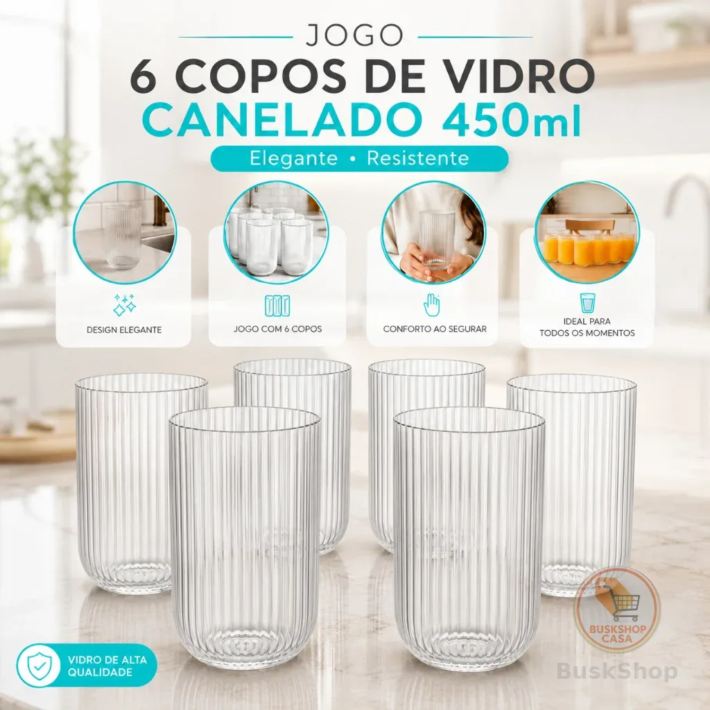 Jogo 6 Copos de Vidro Canelado 450ml Elegante Resistente para Água Suco e Drinks