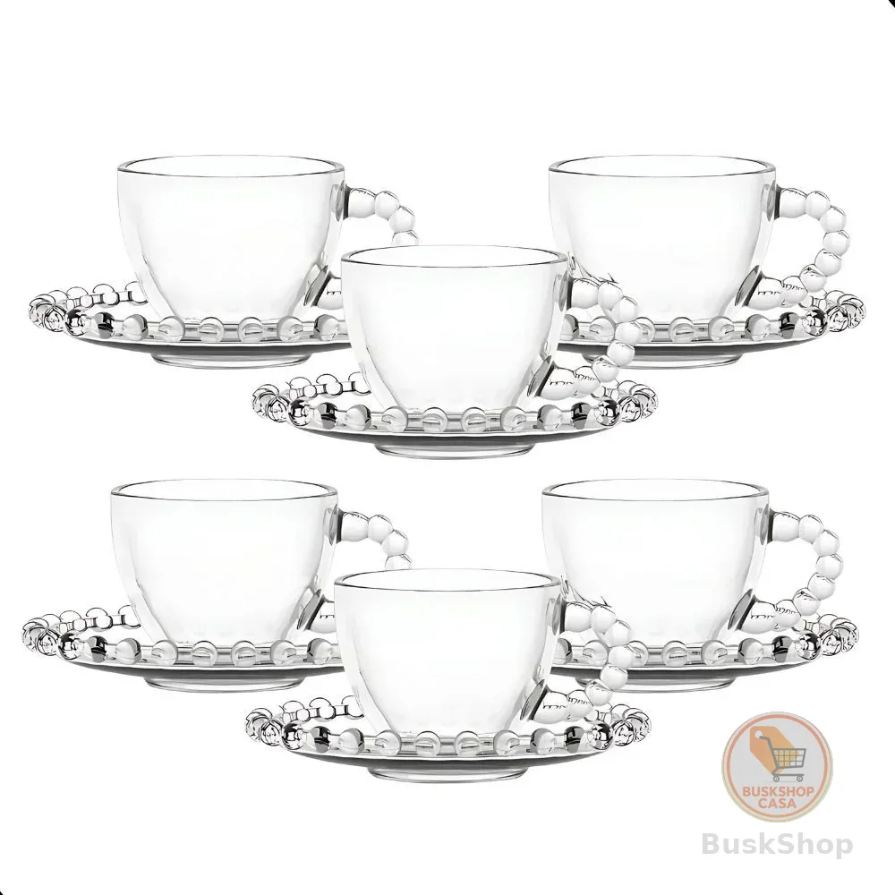 Jogo De Xícaras E Pires Em Vidro Transparente 12 Peças Para Café 100ml Pearl Pérola