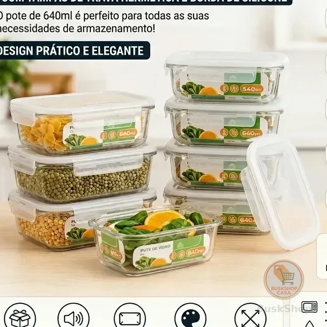 Kit 10 Potes Herméticos De Vidro 640ml Haushop Tampa Vedação Firme Para Geladeira E Despensa Organização Da Cozinha