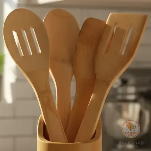 Kit De Utensílios Bambu 5 Peças Pau Colher Garfo Espátulas