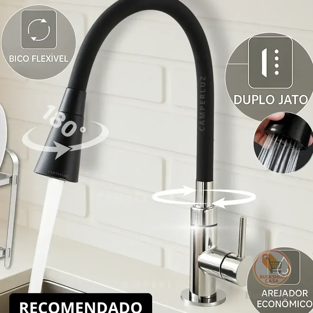Torneira Gourmet Luxo Flexível Cozinha Bancada 2 Jatos Pia Cor Preto - Marca Camperluz
