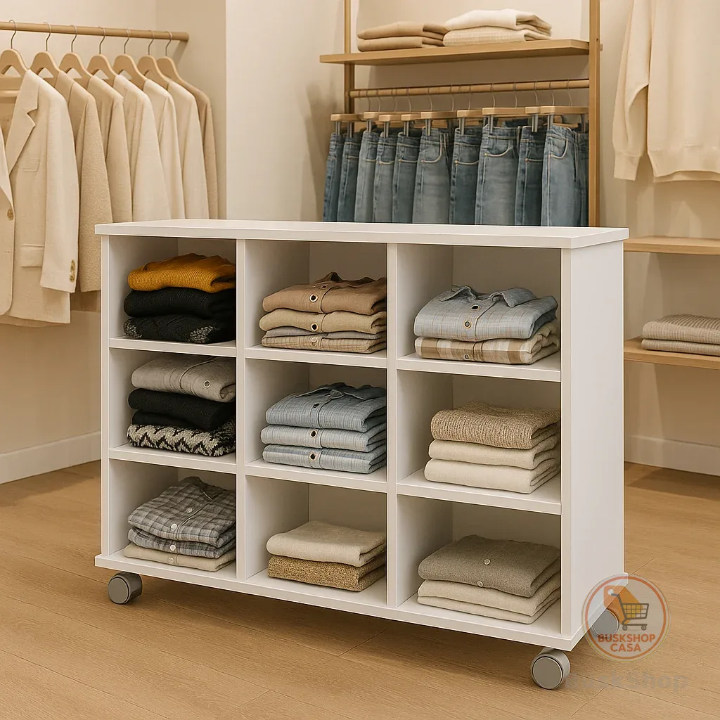 Móvel Expositor organização Closet para Loja de Roupas 9 Nichos com Rodinhas Branco Estante
