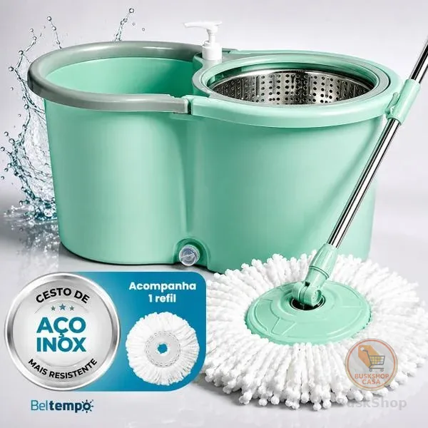 Mop Esfregão Giratório 360º Balde 16 Litros Cesto Inox Cabo Longo 1,40 metros Com Refil Rodas  E Alça Beltempo