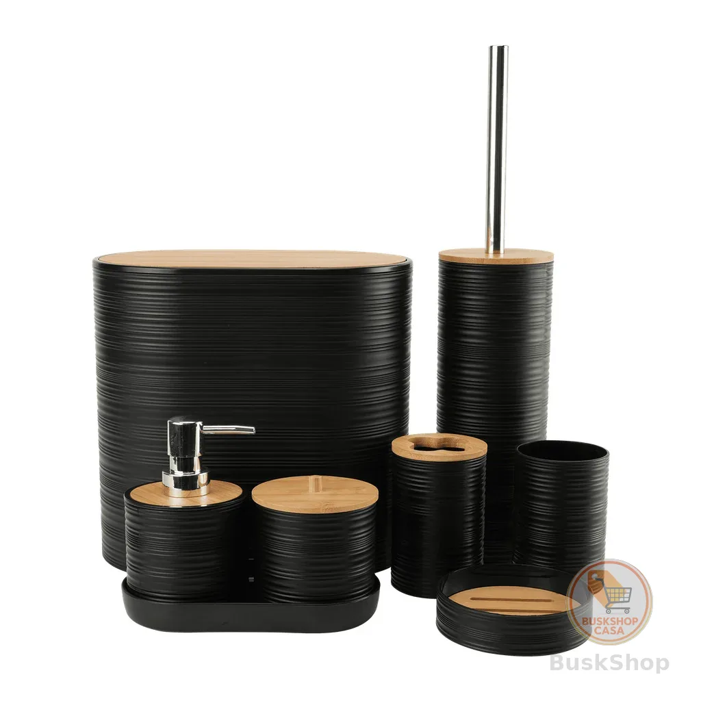 Conjunto Banheiro 8 Peças Bambu Plástico Premium Organizador