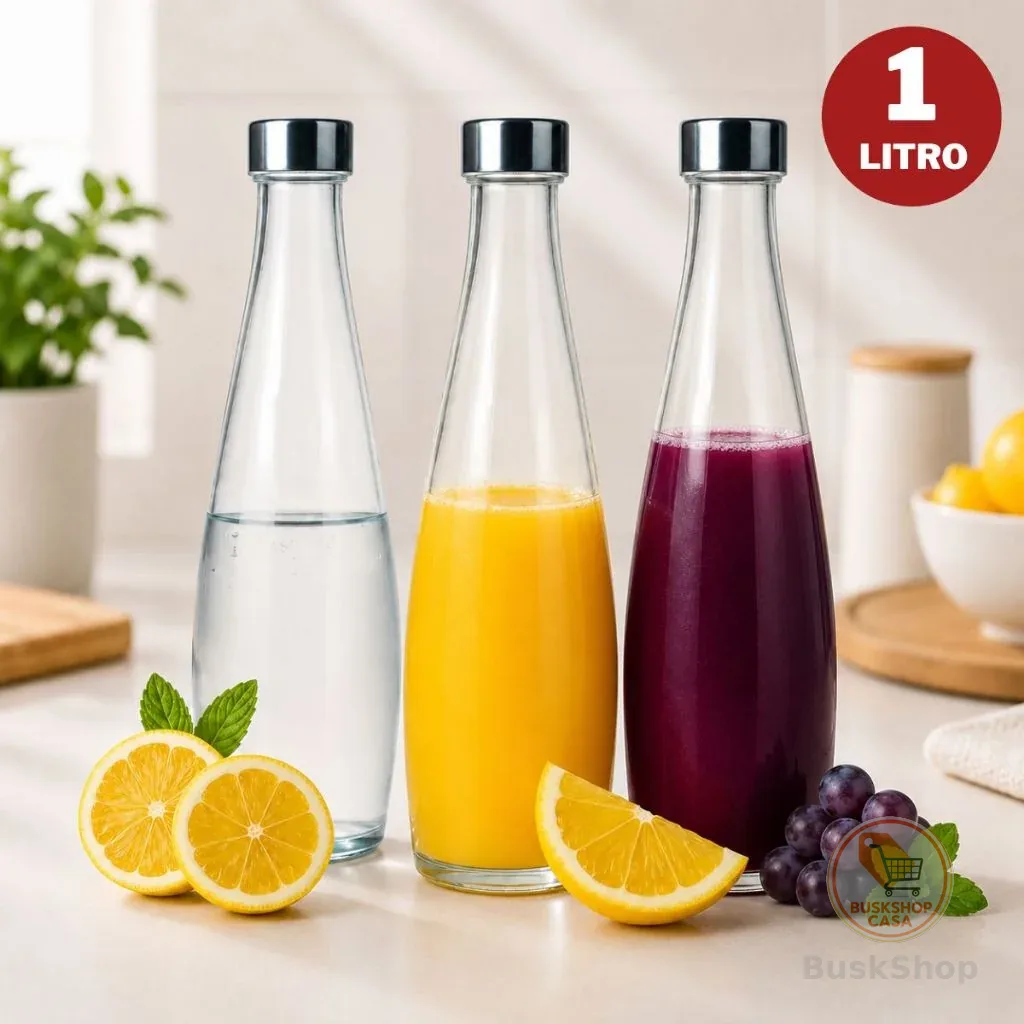Garrafa de Vidro 1 Litro Tampa Inox Para Água Suco Chá Geladeira Jarra Fechamento Hermético