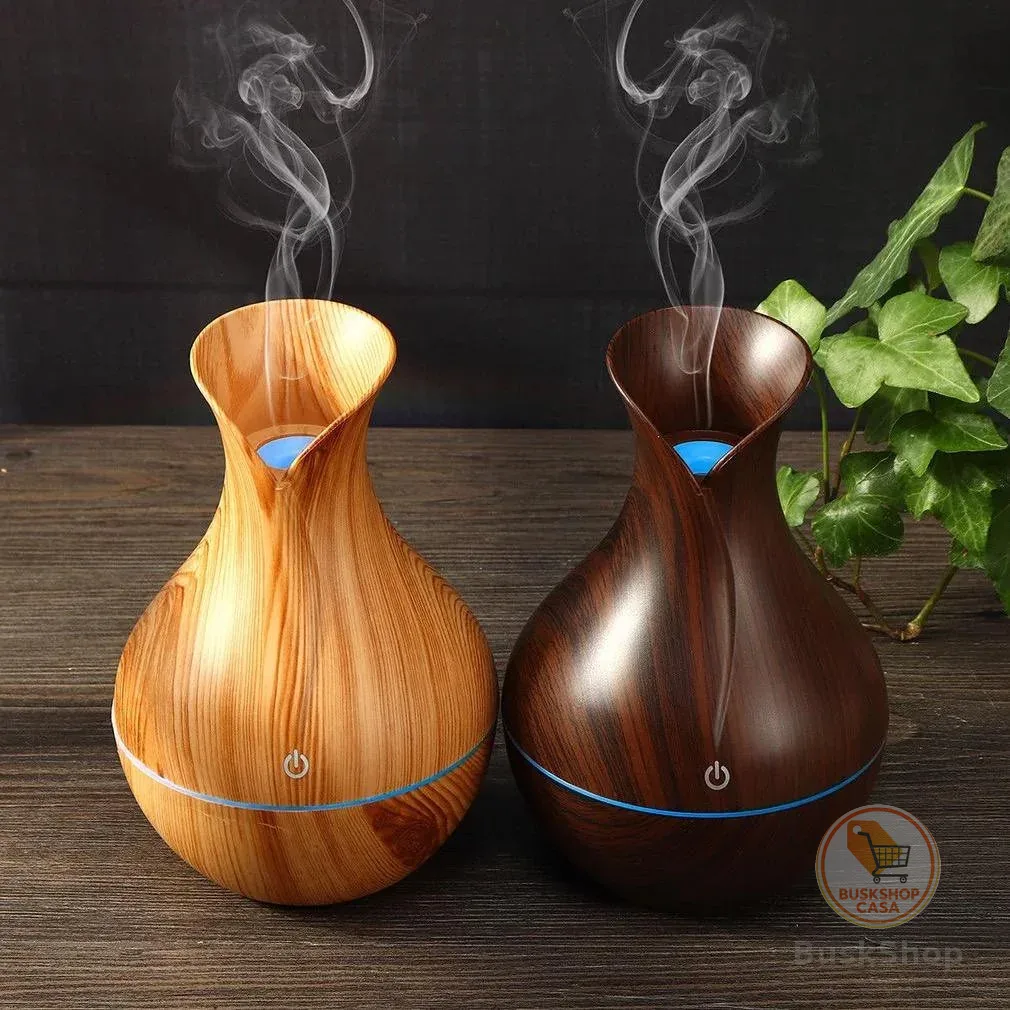 Umidificador Design de Vaso Aromatizador Silencioso textura de Madeira Recarregável com LED