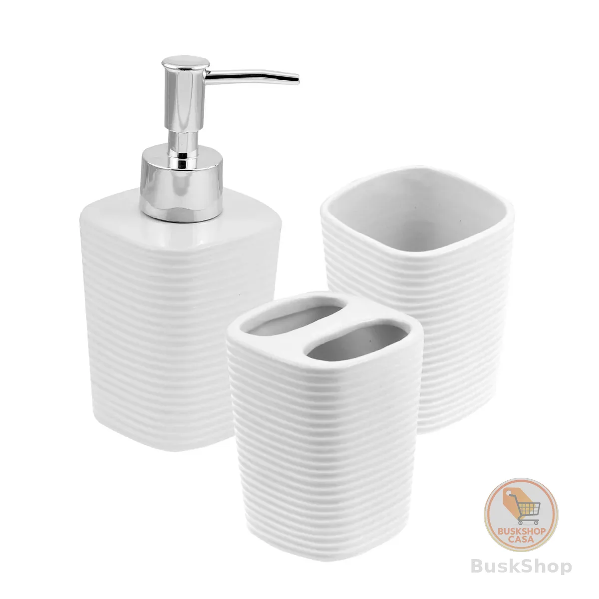 WOLFF - Conjunto 3 Peças para Banheiro Lines Branco - 1 Porta Sabonete Líquido, 1 Porta Algodão e 1 Porta Escovas