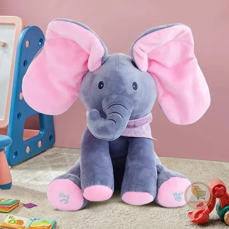 30CM Elefante Que Canta Mexe Orelhas Peek A Boo Pelúcia Musical Brinquedo