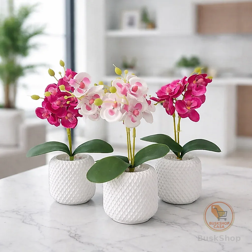 Vasos Decorativos com Orquídea Artificial em Gesso Cerâmico Branco para Sala, Escritório, Casa, Apartamento Decoração