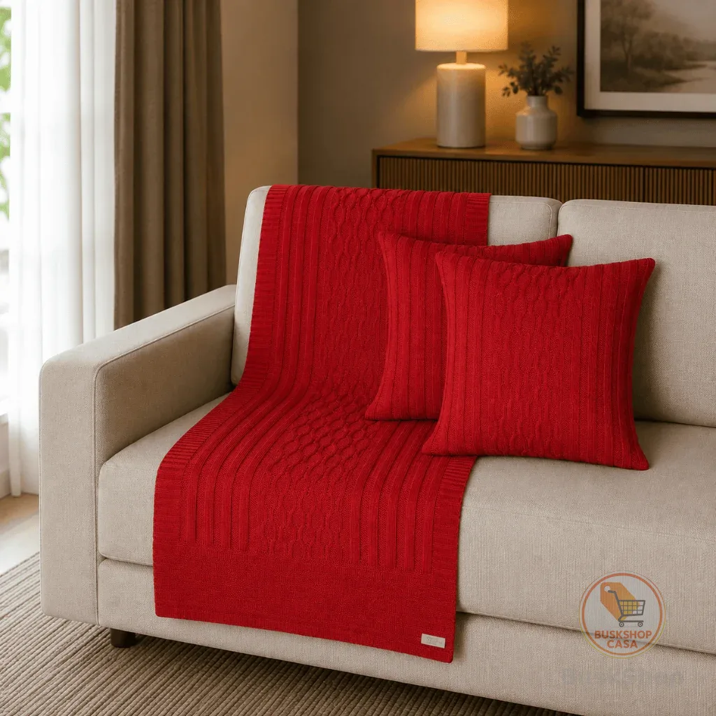 Kit Manta Tricot Californian Style Luxo 3D Tranças + 2 Capas de Almofada Sofá e Cama