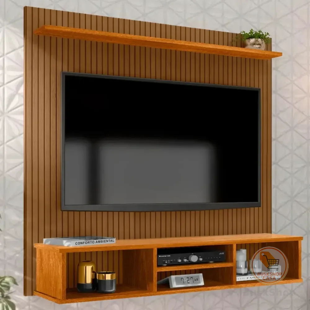 Painel Suspenso Everest TV Até 50" Cor Naturale MDP Design Ripado 3 Nichos