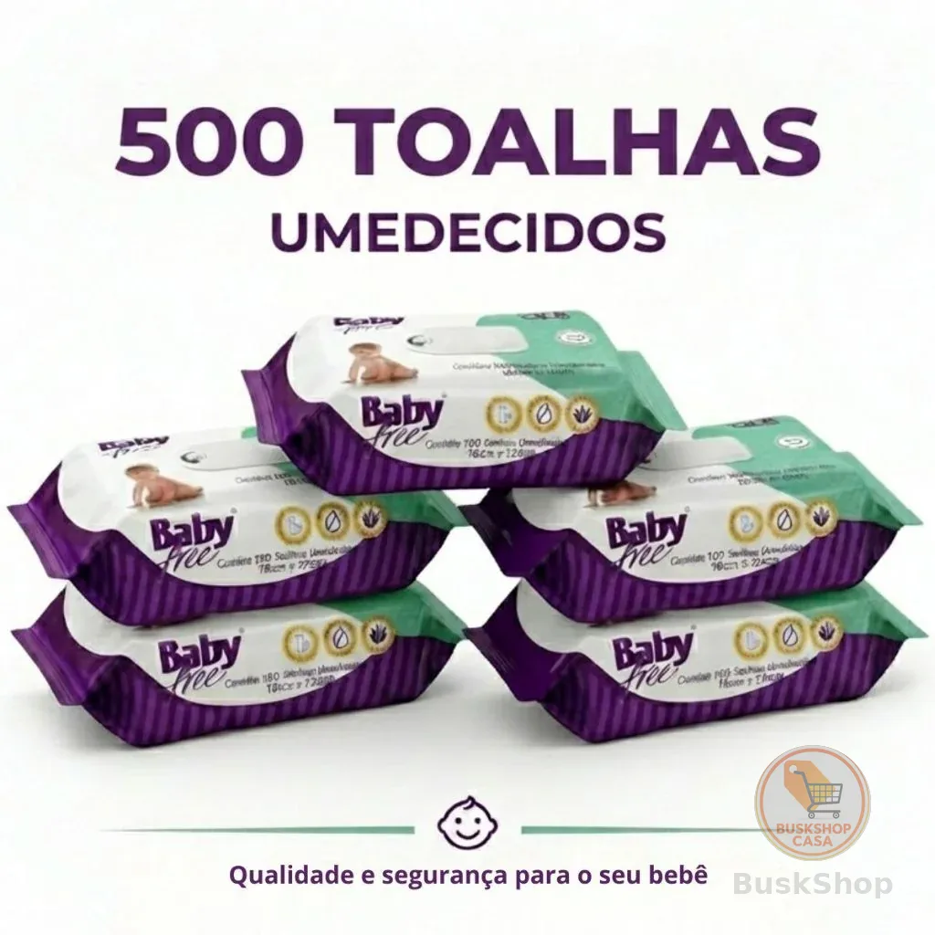 KIT COM 5 PACOTES TOALHAS UMEDECIDAS/LENÇOS BABY FREE C/100-(sem tampa flip-top)