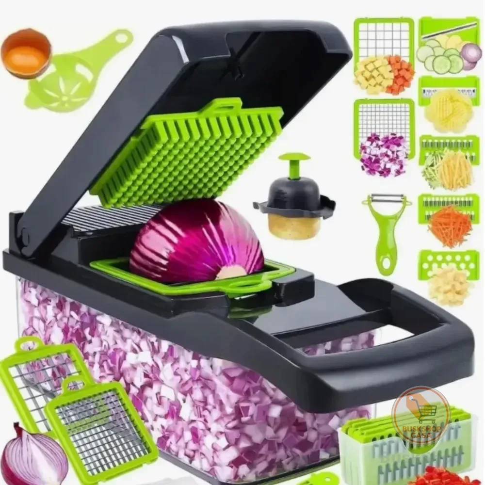 Cortador e Ralador Multifuncional de Legumes 16 em 1 COZINEX, com Recipiente e Lâminas Intercambiáveis em Aço Inoxidável