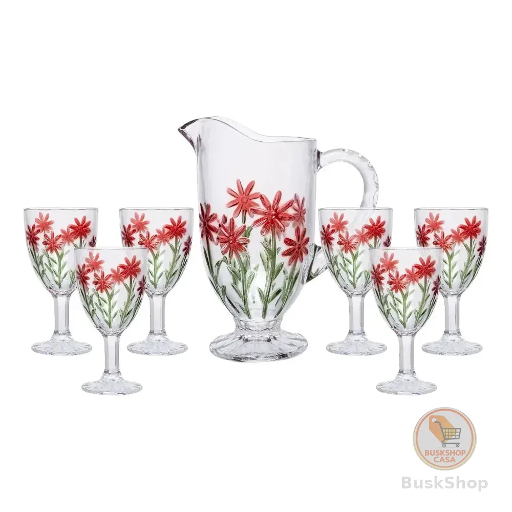 Conjunto Jarra com 6 Taças Red Flower 1,3L/320ml Cristal Wolff