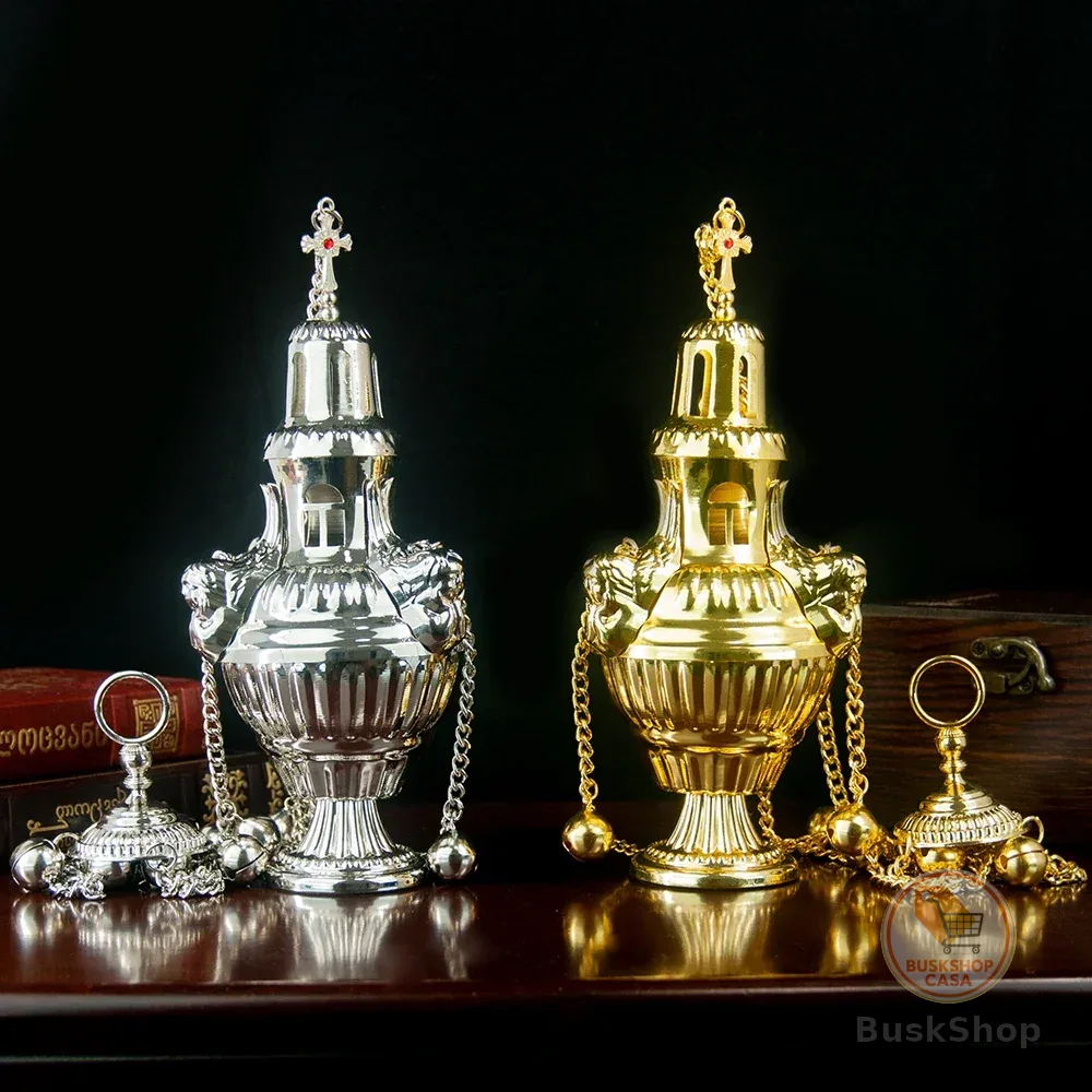 Oferta Imperdível: Incensário Ortodoxo Suspenso Banhado a Ouro e Prata com Sinos – Queimador de Incenso Religioso para Igreja, Decoração de Adoração, Presente