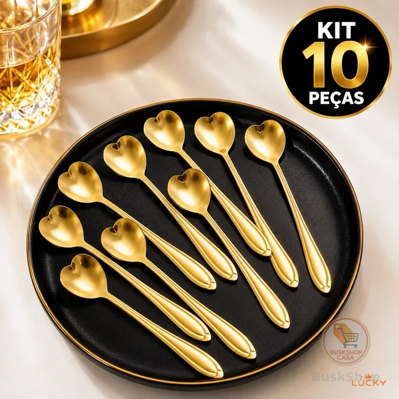 Kit 10 Colheres Coração Fofa para Cozinha Mesa Posta Douradas Café Sobremesa Chá Aço Inoxidável