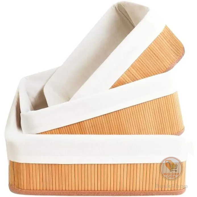 Vittak Kit 3 Cestos de Bambu Conjunto c/ Tecido Forro em Algodão Cesto Organizador Multiuso