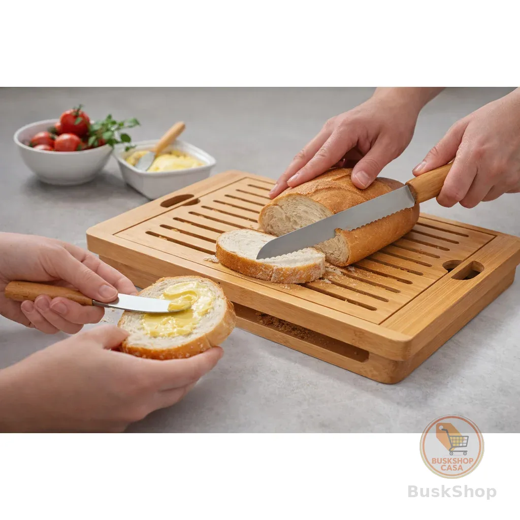 Kit Tábua Migalheira de Pão em Bambu + Faca Serrilhada + 4 Espátulas para Manteiga