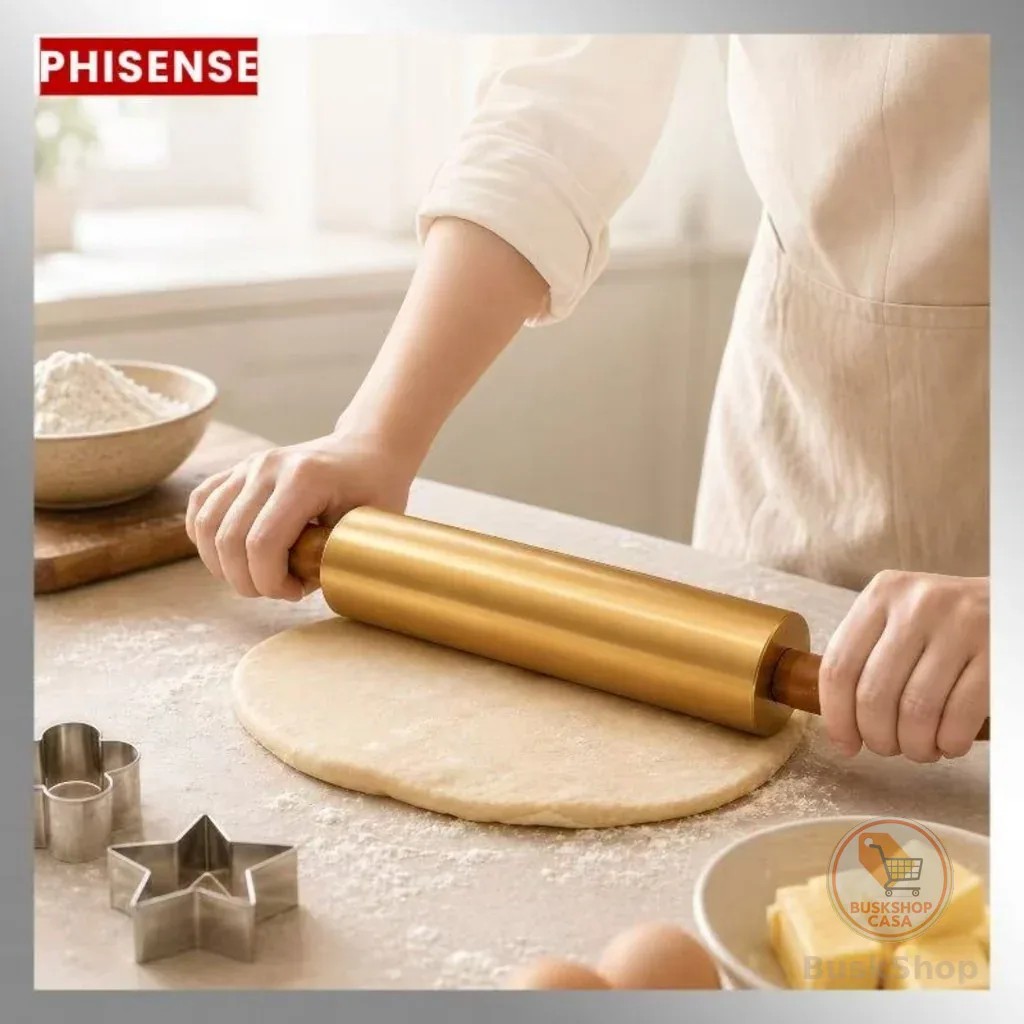 Rolo De Massa Inox Dourado Antiaderente Cabo Giratório 360° Para Pizza E Pães