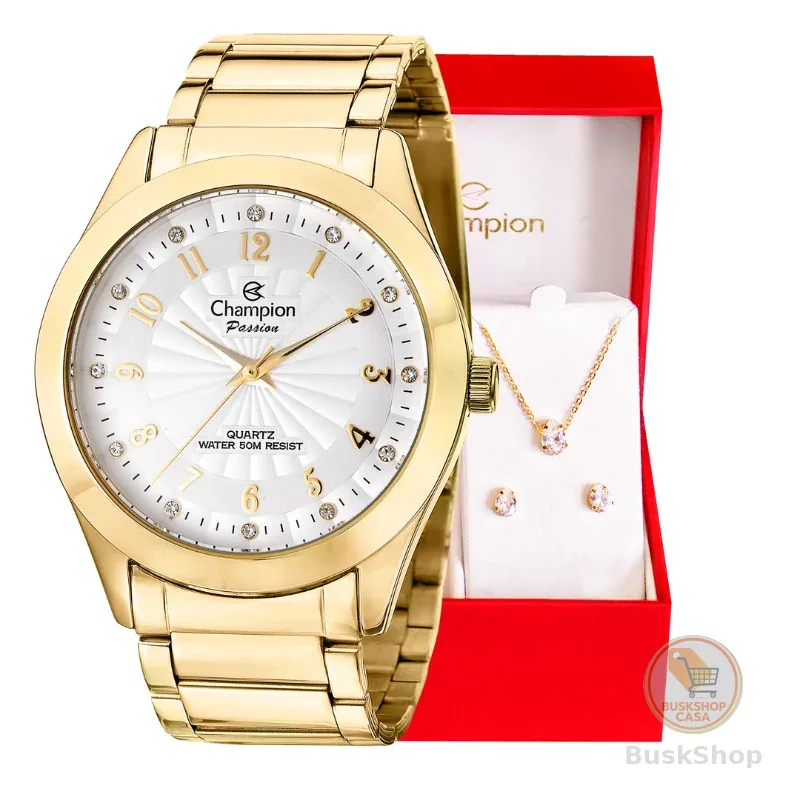 Relógio Feminino Champion Dourado com Strass CN29409D + Conjunto colar  e brinco Relógio Femino Luxo