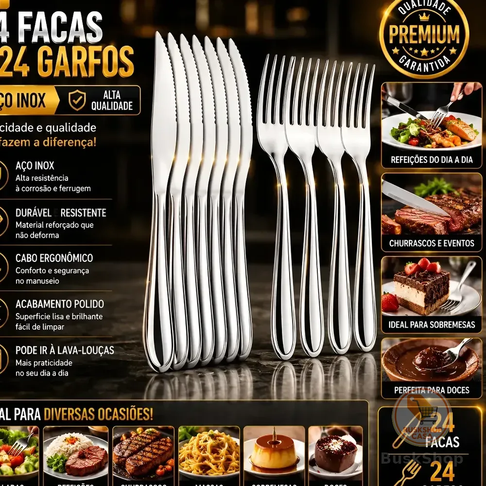 Kit 48 Garfo E Faca Em Inox Talheres De Mesa Buffet Cozinha