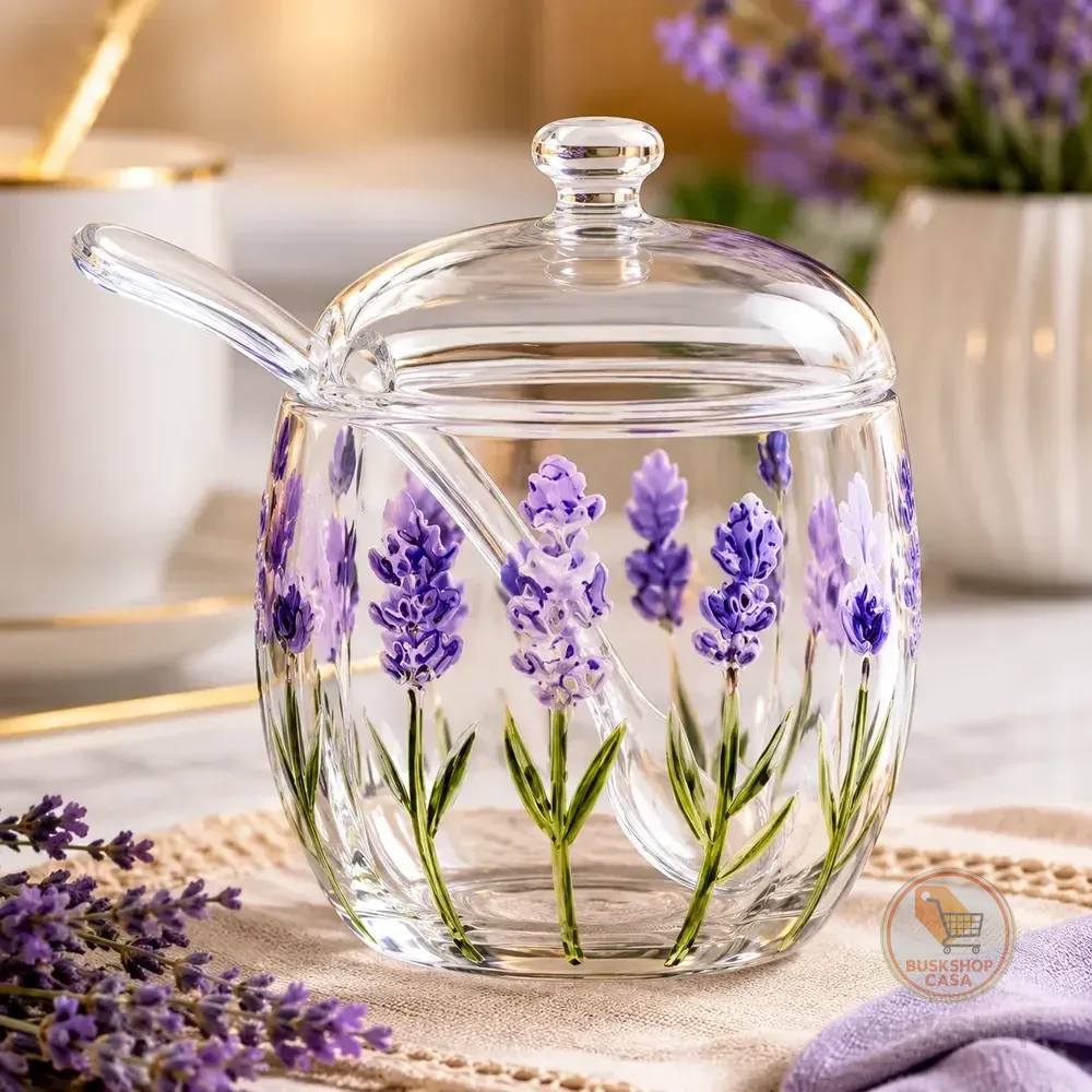 Açucareiro Vidro Tampa E Colher Lavanda Pintado A Mão Lyor Transparente