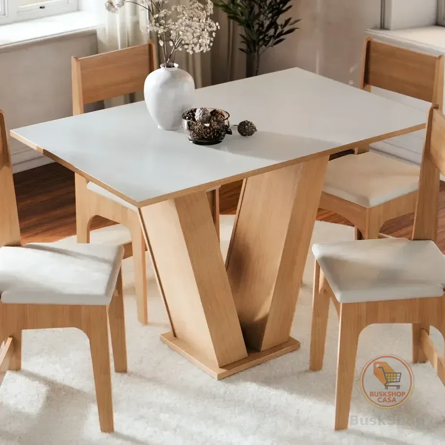 Conjunto Sala de Jantar 4 Lugares com Cadeiras Estofadas Mesa Com Tampo Retangular Semelhante Vidro Base V Mel Branco Off White