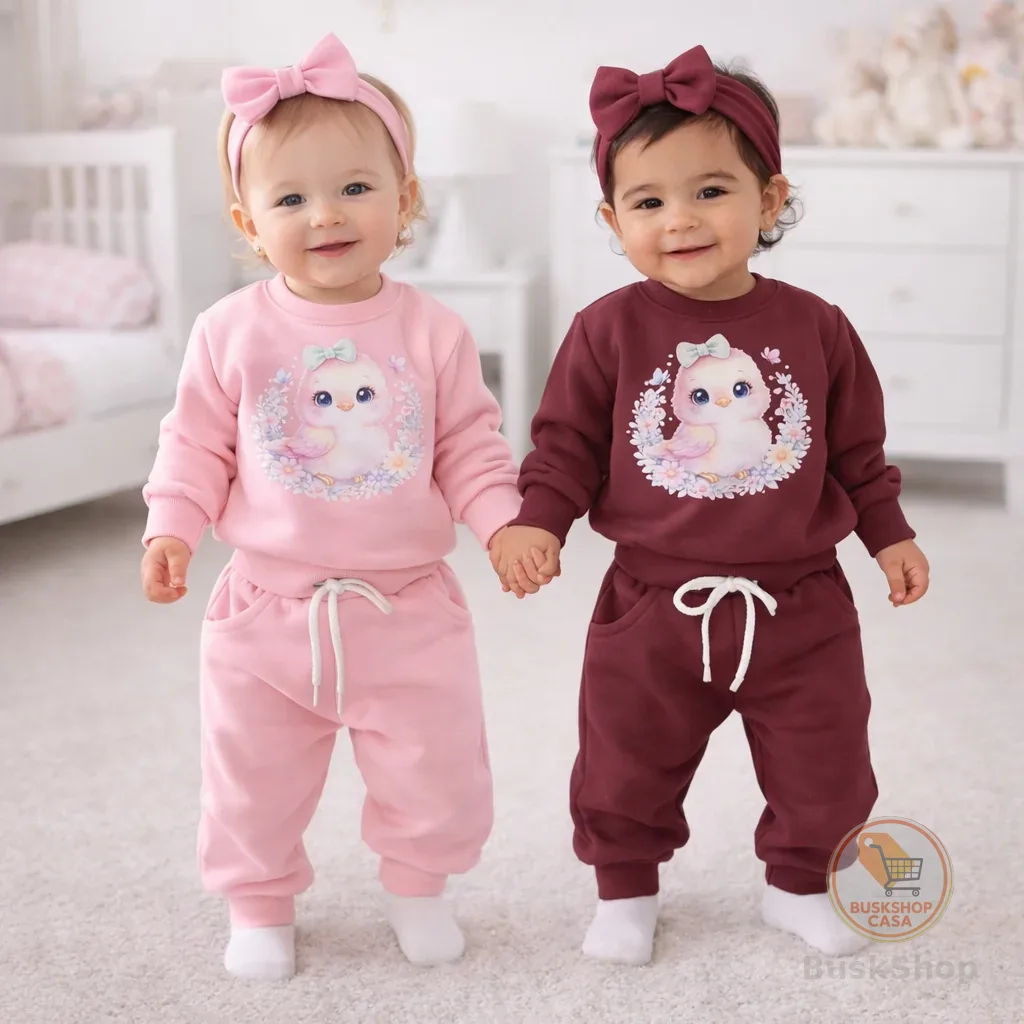 Conjunto + faixa com Laço inverno Moletom Flanelado Bebê menina Calca e Blusa– RN ao 2 Anos