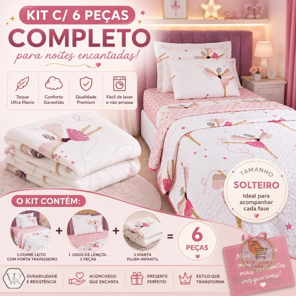 Kit 6 Peças Cobre Leito Infantil + Roupa de Cama Solteiro 3pçs + Manta Flannel kids