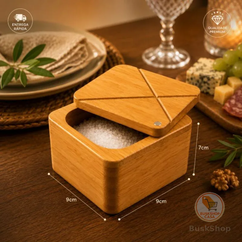 Saleiro de Mesa de Bambu com Tampa Giratória Porta Sal Premium