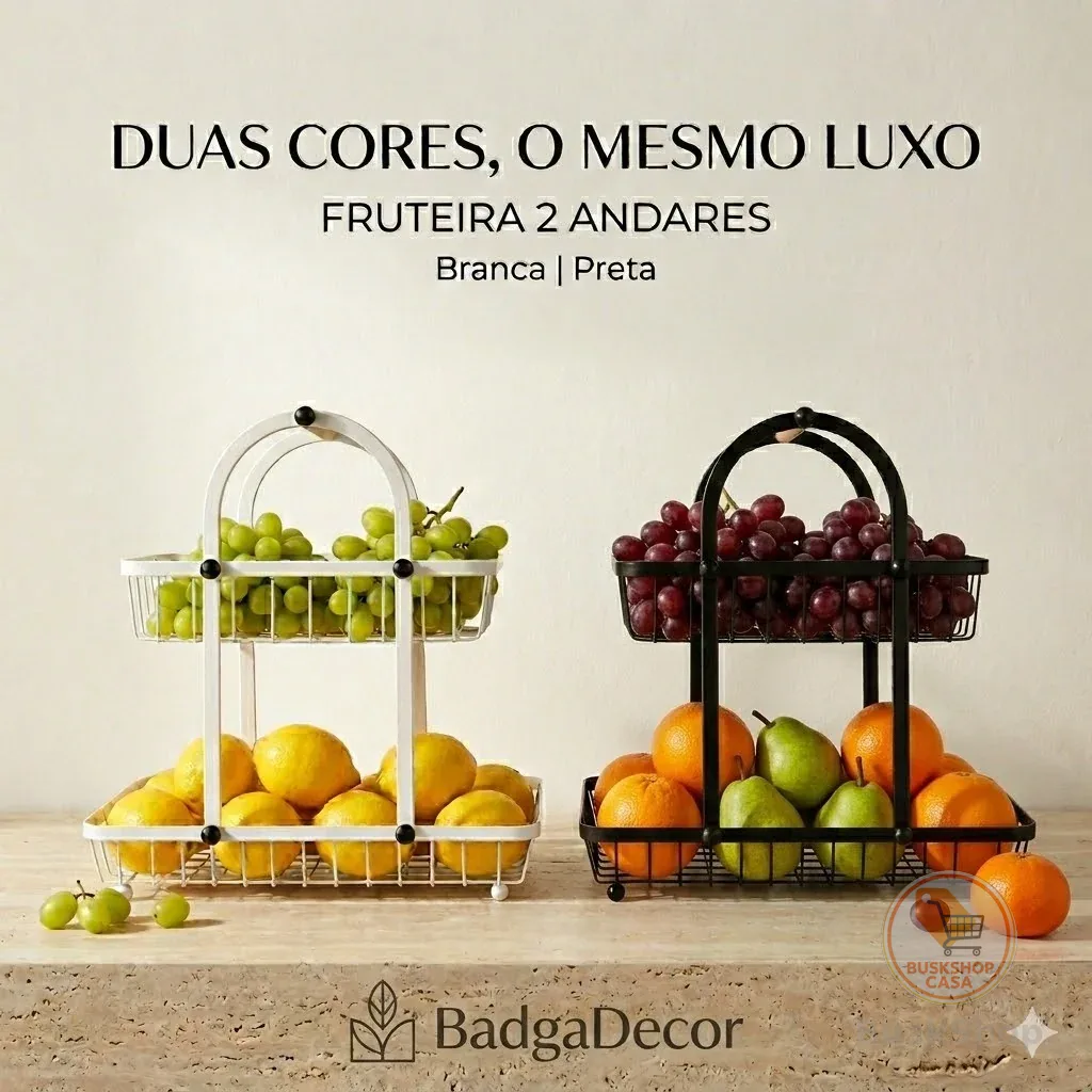 Fruteira de Ferro 2 Andares com Alça Bambu 🥭🍎 Cozinha Mesa Bancada Organizador Moderno