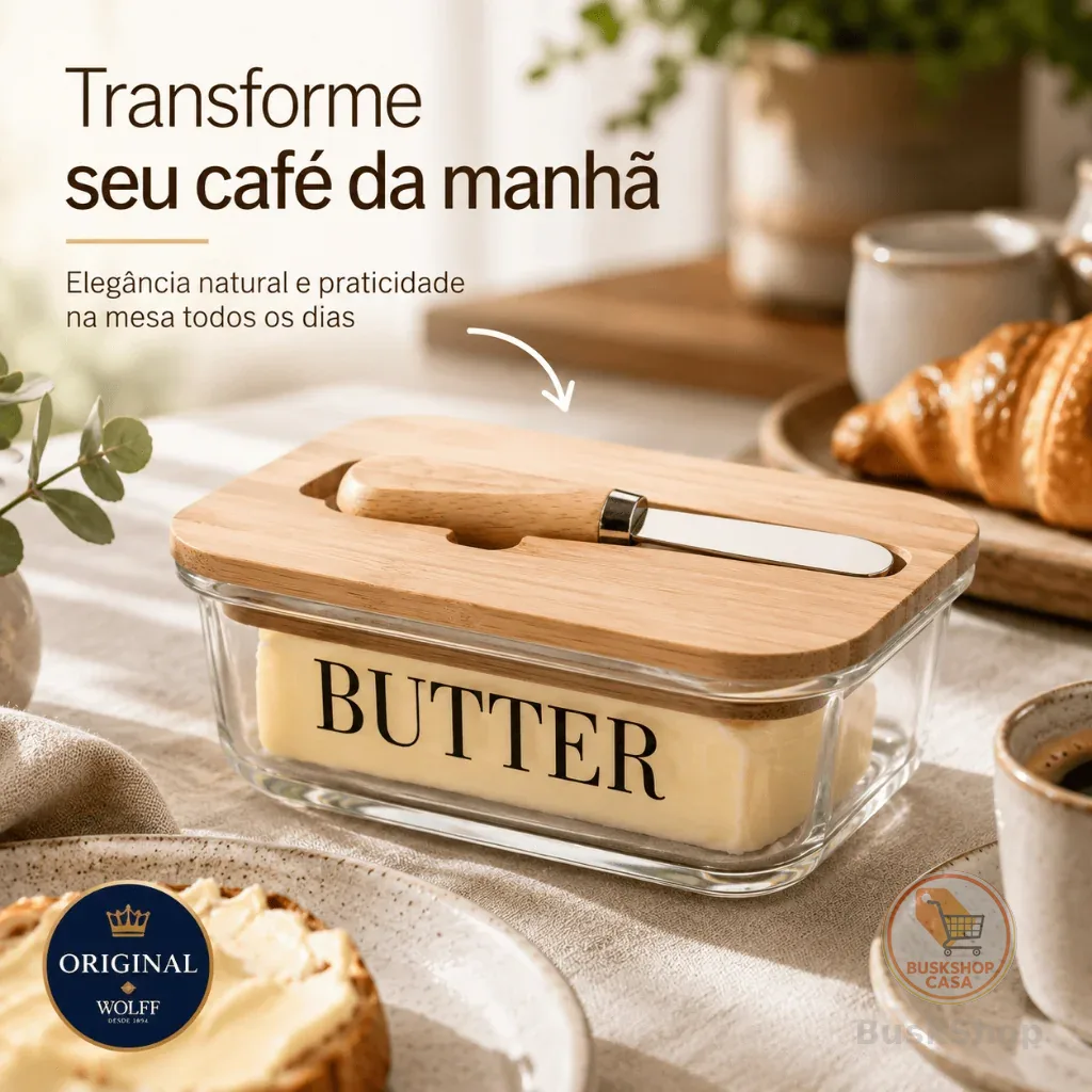 Manteigueira de Vidro com Espátula e Tampa de Bambu Wolff 15cm x 11cm