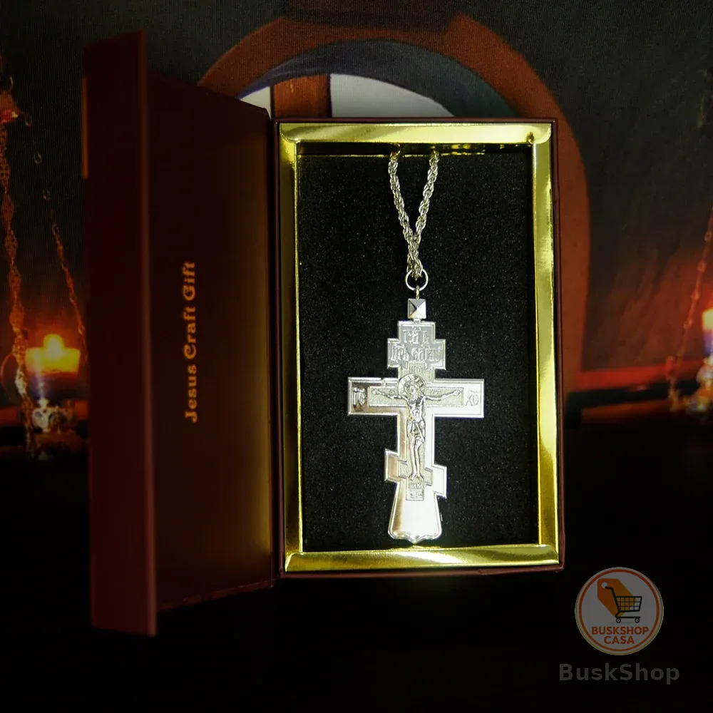 Novo Colar com Pingente Cruz Ortodoxa 3D Crucifixo Sagrado Jesus Gravado em Ouro e Prata Grande Joia Religiosa Corrente Masculina Presente de Oração