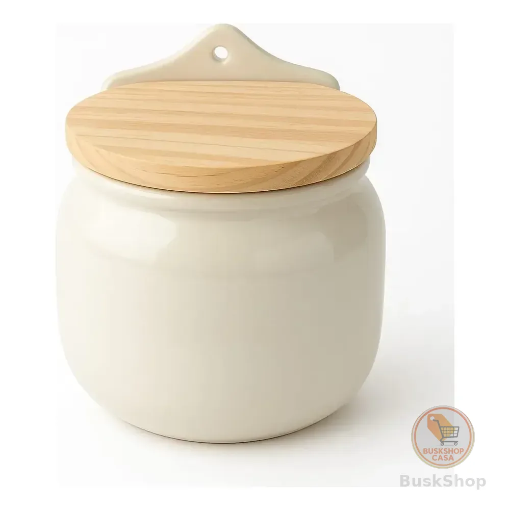 Saleiro Parede 1 Kg Porcelana Branca Com Tampa De Madeira Branco