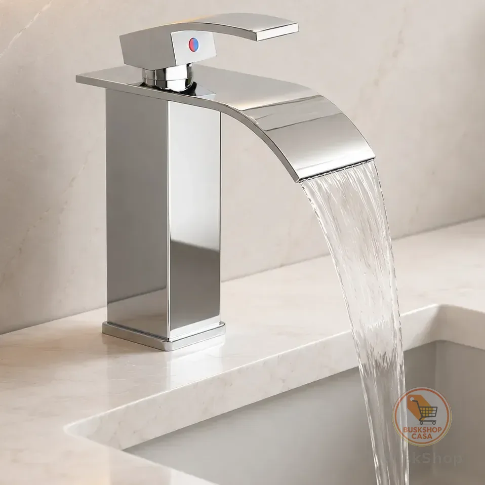 Heemli Torneira Cascata Bica Baixa Quadrada Banheiro Prata Prateado