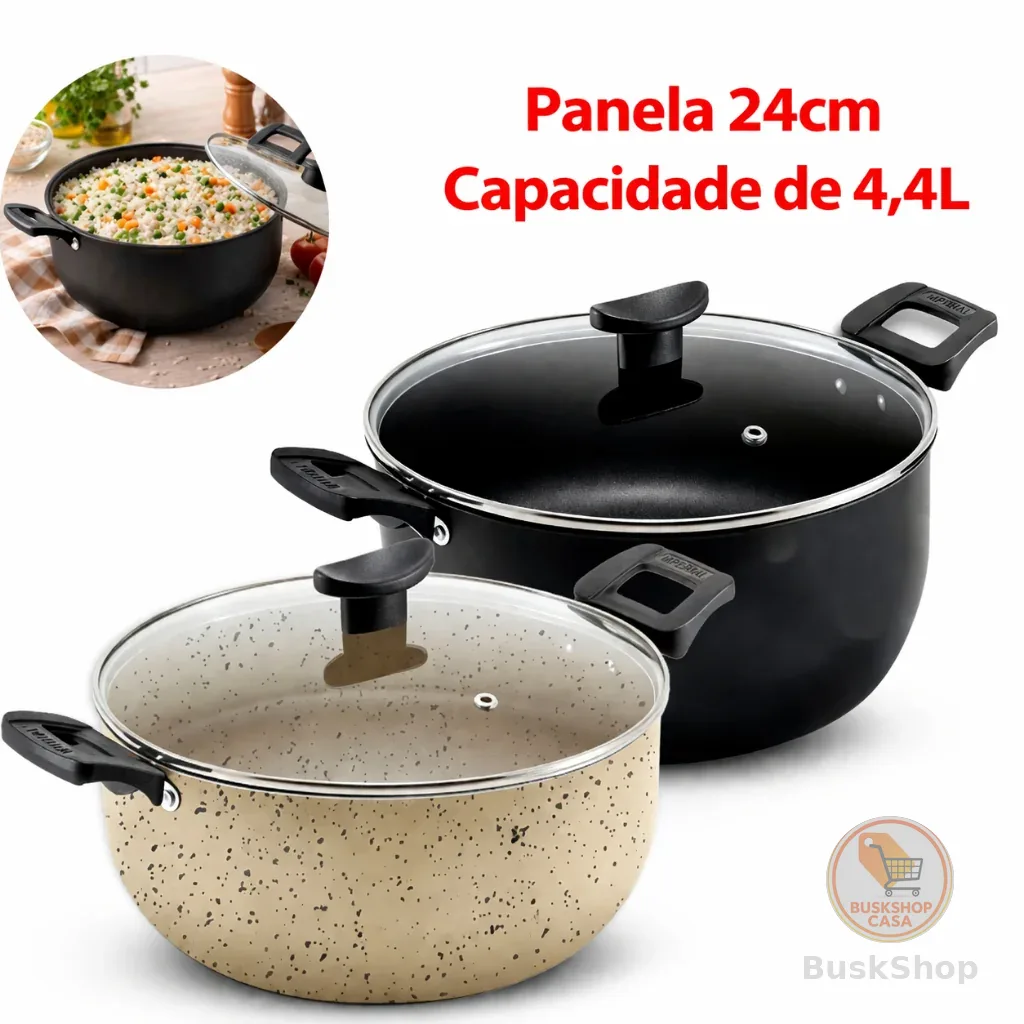 Panela Caçarola 24cm de 4,4 Litros Grande Para Cozinha Antiaderente Reforçada Tampa Vidro Temperado 22Cm 20Cm