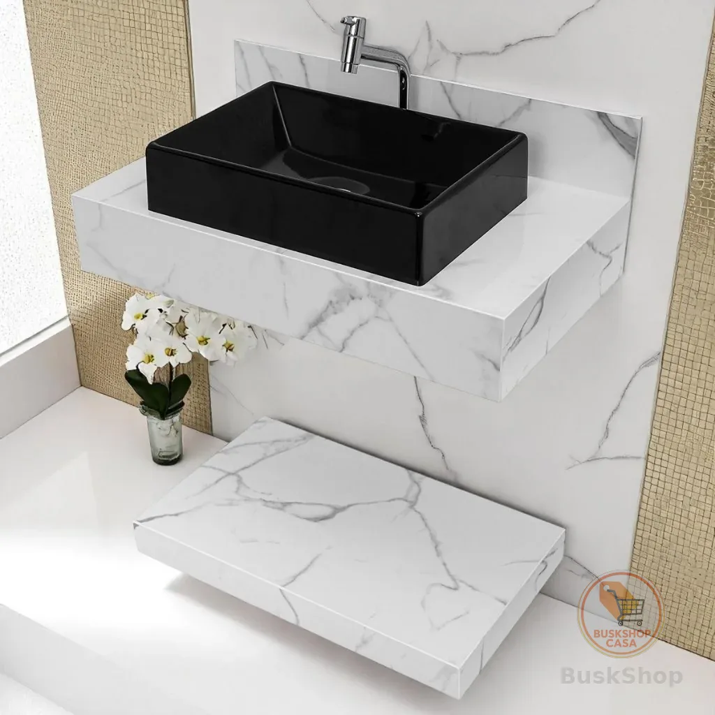 Kit Bancada em Porcelanato Carrara com Cuba Sobreposta Torneira Prateleira de Baixo para Banheiro 62x36x11