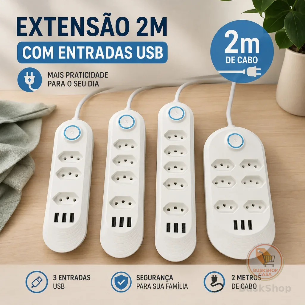 Cabo de extensão de energia de 2 m com 6 soquetes e 3 entradas USB, botão de tomada de energia - Venda