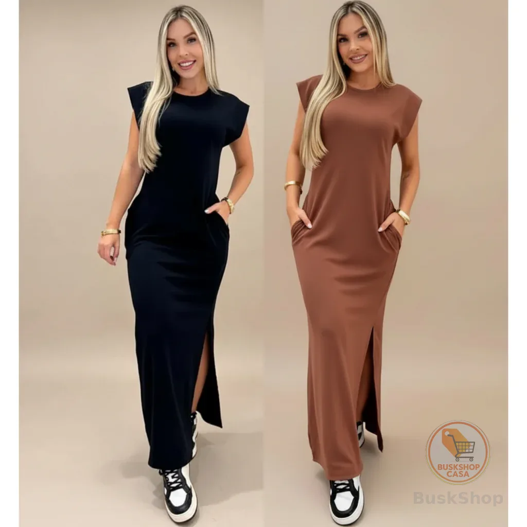 Vestido longo casual básico feminino ribana manga canelada muscle fashion gringa preto marrom