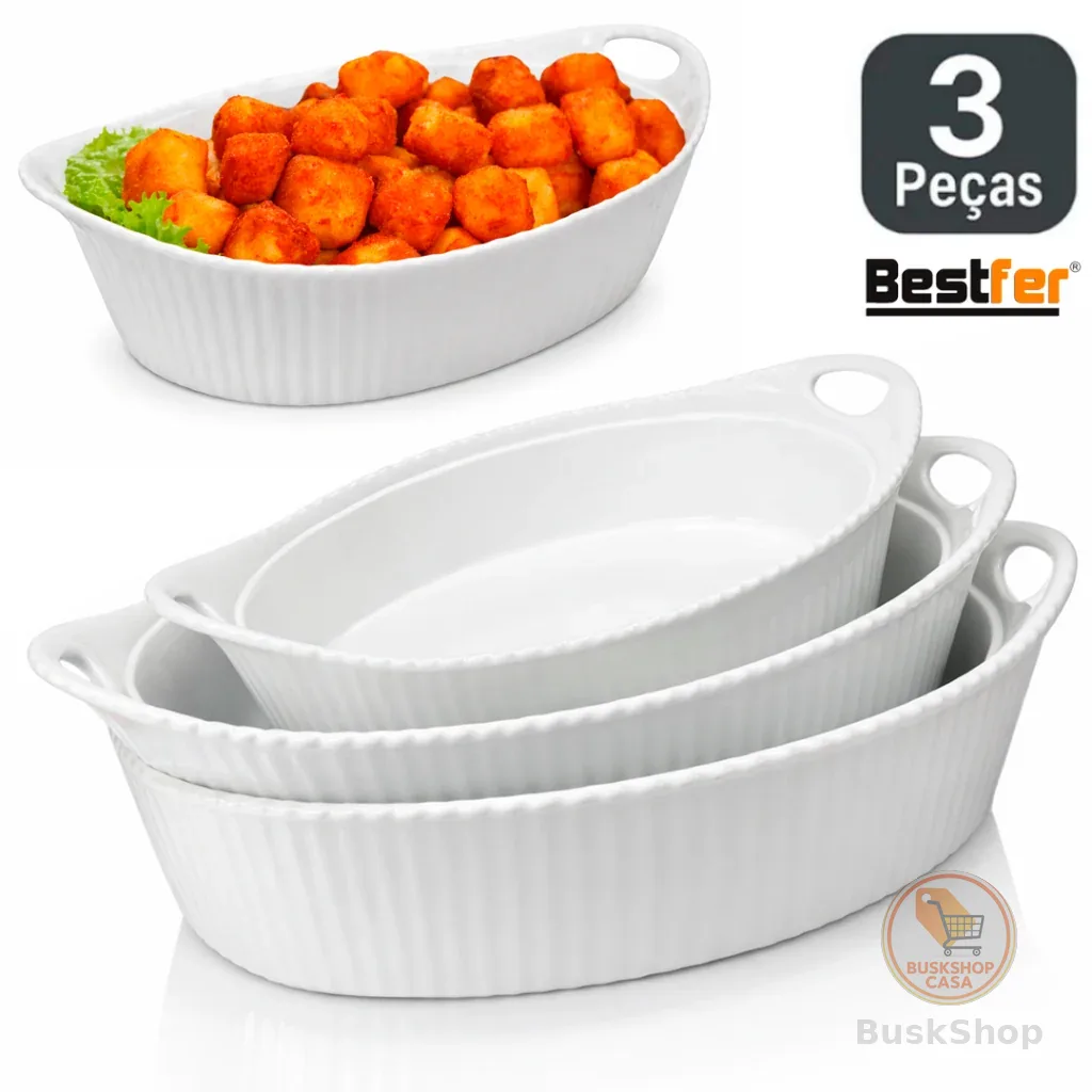 Conjunto Jogo de  Assadeiras 3 peças Travessas Oval em Melanina Bestfer PMG Branca opaline