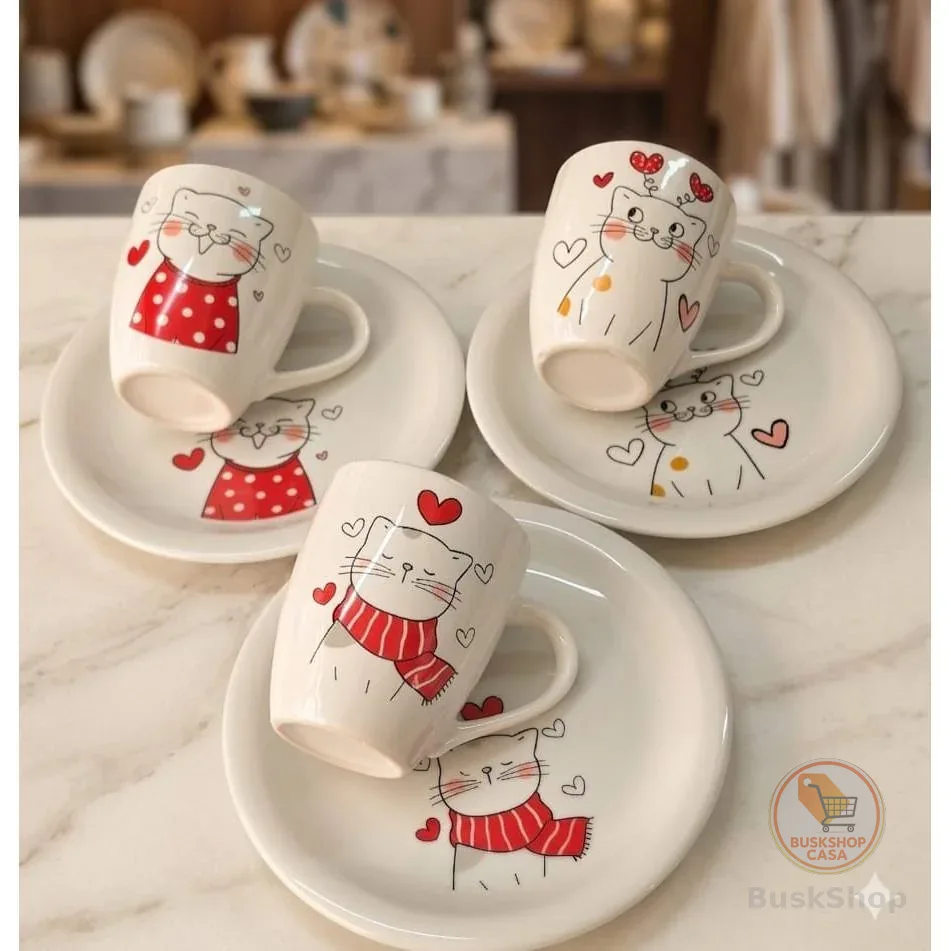 Kit Jogo Caneca Landy 240ml + Prato Sobremesa Lanche em Porcelana Linha Kids Gatinho Branco