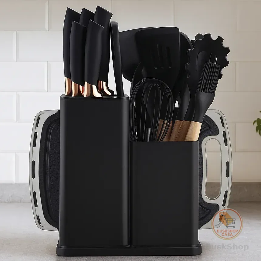 19 Peças Kit Utensilios Cozinha Tábua Em Silicone Espátula Preto