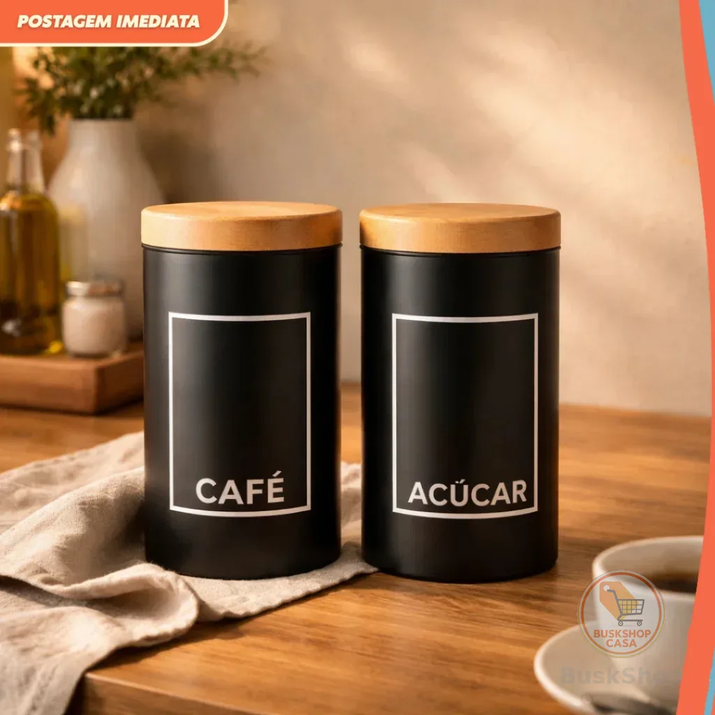 Potes Herméticos Café e Açúcar Preto com Tampa Efeito Bambu Porta Mantimentos Cozinha Premium